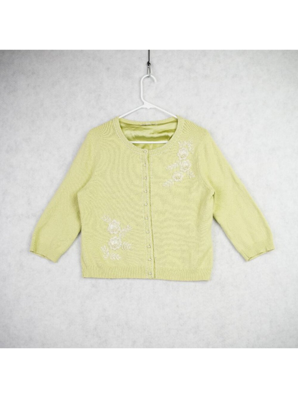 VTG Banana Republic Angora Silk Lined Beaded Cardigan Womens Sz LP Pearl Button